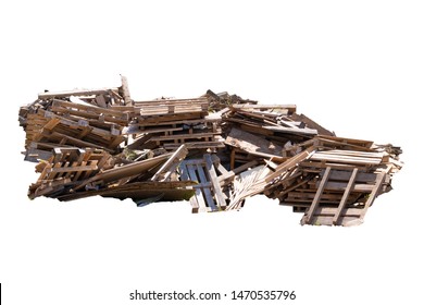 Construction Waste, Wooden Debris From The Demolition Construction Sites. Isolated On White Background