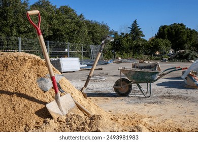 construction, wheelbarrows, site, work, tools, building, renovation, labor, industrial, equipment, dirt, gravel, workers, sitework, machinery, transport, materials, excavation, workforce, project, con - Powered by Shutterstock