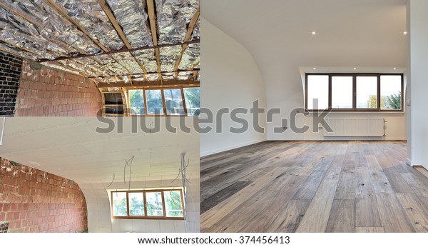 Construction Wooden Frame Roof Fiberglass Insulation Stock Photo