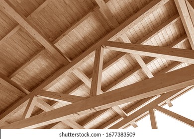 The construction of the wooden roof. Detailed photo of a wooden roof overlap construction. - Shutterstock ID 1677383509