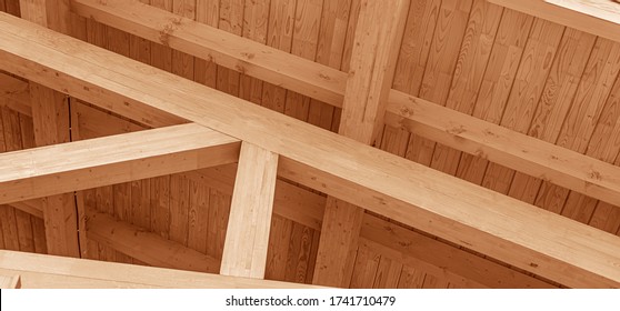 The construction of the wooden roof. Detailed photo of a wooden roof overlap construction.