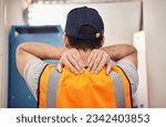 Construction, work and back of a man with pain from building, home renovation or handyman work. Massage, accident and a worker or contractor with muscle fatigue, problem or an injury from labor