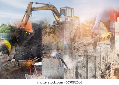 Construction work and Foundation work,worker welding concrete pile and install concrete pile for Foundation work.
