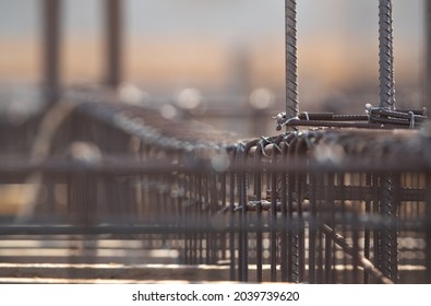 Construction work in progress with reinforcement framework of deformed steel bars and wires