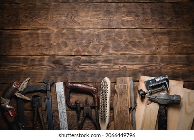 Construction work tools on the carpenter workbench flat lay background with copy space.