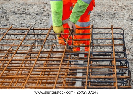 Construction worker assembling rebar framework at a building site during daylight
