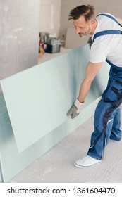 Construction worker in blue overalls uniform picking up a drywall sheet from a pile, during building a new house or renovation process