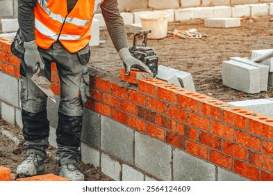 Construction worker bricklayer building brick wall at construction site during daytime