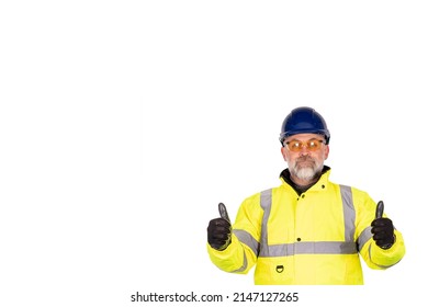 A Construction Worker In A Bright Yellow Hi-viz Coat And Safety Gloves Wearing Tinted Safety Glasses For Eye Protection Isolated On White Background. Safety On Construction Site Banner Concept