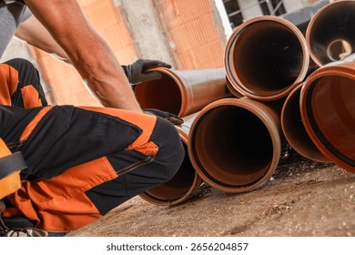 A construction worker is carefully arranging plastic pipes on the ground at a building site. The setting is busy with ongoing construction activities around.
