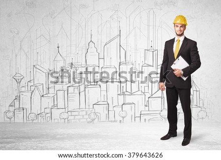 Construction worker with cityscape background drawing