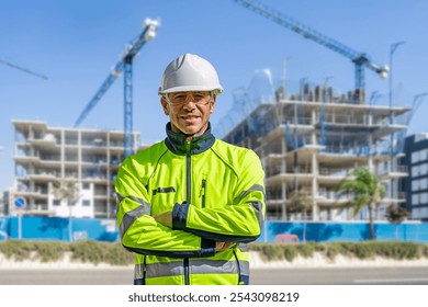 Construction worker with crossed arms and wearing personal protective equipment, PPE for safety at work in a building site.