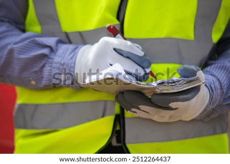 Construction Worker Documenting Safety Checks While Wearing a Reflective Vest and Gloves on Site