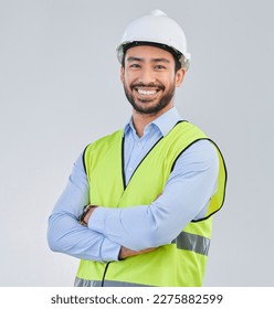 Construction worker, engineer and studio portrait of happy man in vest and helmet for safety on white background. Smile, contractor or architect in planning or renovation, project manager in India. - Shutterstock ID 2275882599