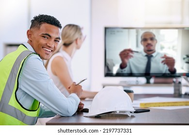 Construction Worker, Engineer And Virtual Video Conference Or Webinar In Office With A Man Looking Happy In Seminar, Training And Meeting With Client Online. Portrait Of Contractor Ready For Project