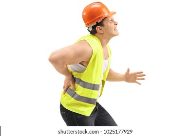 Construction Worker Experiencing Back Pain Isolated On White Background