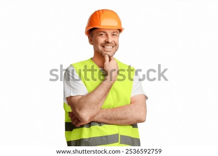 Construction Worker. Happy Builder Workman Smiling To Camera Posing Standing On White Studio Background. Copy Space
