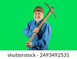 Construction worker in hard hat with pickaxe. Smiling builder man in uniform with pick-axe on shoulder. Mining industry. Mature coal miner with pickax. Male laborer with hand tool for digging, mining.