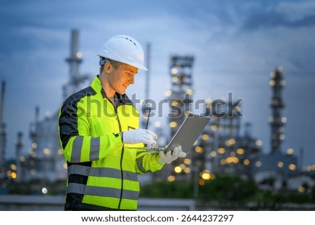 A construction worker in a high visibility jacket and helmet is focused on a laptop, conducting safety evaluations. The backdrop features an industrial facility with illuminated structures at dusk.
