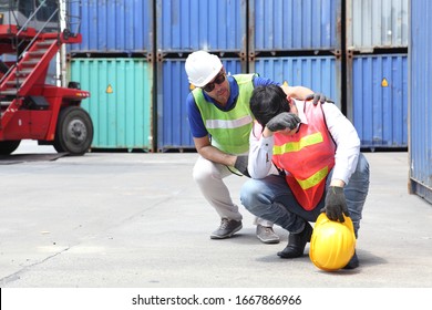 Construction worker or Industrial Engineers has an accident while working on Container ship in import and export business logistic company. Industry and Transportation concept.