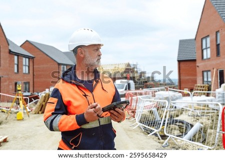 Construction worker inspecting progress on new residential buildings