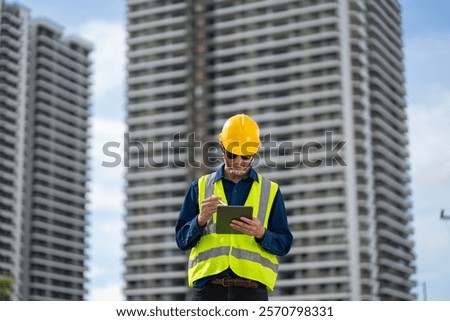 A construction worker inspects plans at a building site in an urban environment.