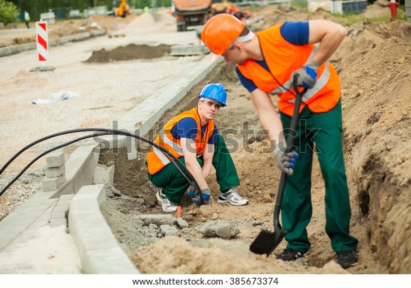 Construction Worker Installing Electrical Cables Construction Stock ...