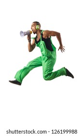 Construction worker jumping and dancing