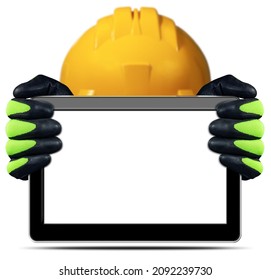 Construction Worker With Orange Work Helmet And Hands With Protective Gloves, Holding An Empty Digital Tablet, Isolated On White Background With Copy Space.