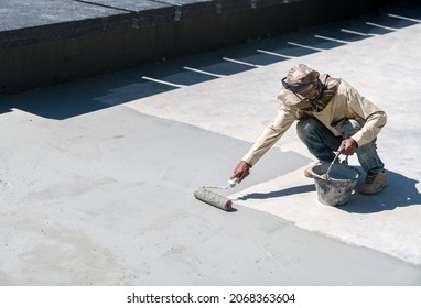 Construction Worker Paint Water Proof Cement In Pool Protect Water Leak.