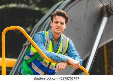 Construction worker person with backhoe loader or industry tractor, professional technician working with a machine maintenance service for agricultural farmer, engineer with repair occupation job