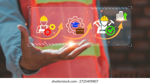 Construction worker presenting digital solution for labor shortage through skilled workforce training and vocational education growth