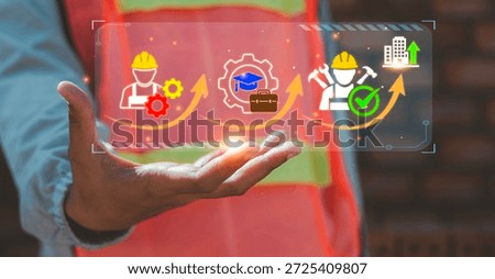 Construction worker presenting digital solution for labor shortage through skilled workforce training and vocational education growth
