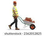 Construction worker pushing a wheelbarrow with bricks isolated on white background