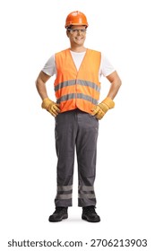 Construction worker in a reflective vest wearing a hardhat isolated on white background