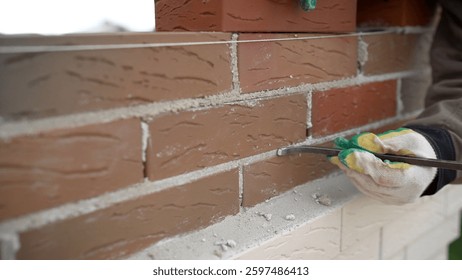 Construction worker is removing excess mortar with a trowel while building a brick wall, ensuring precise and clean bricklaying