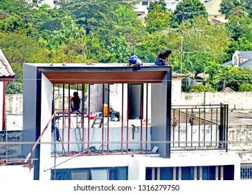 construction worker to roofing on high places of building in construction site