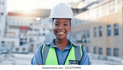 Construction worker, rooftop and black woman portrait with architecture and urban planning with success outdoor. Architect, civil engineering and smile in city with quality assurance work in Brazil - Powered by Shutterstock