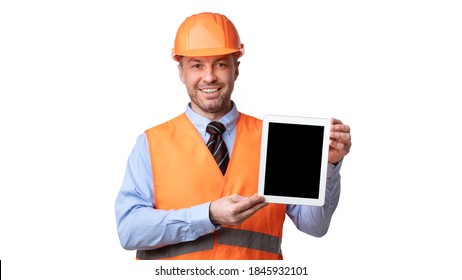 Construction Worker Showing Tablet Computer With Empty Screen Advertising Building Industry Services Standing Over White Studio Background. Building Technologies Concept. Mockup, Panorama - Powered by Shutterstock