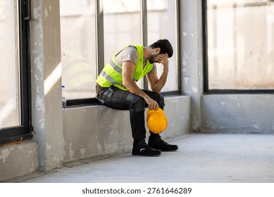 A construction worker sits on a ledge, holding a yellow hard hat. He appears tired and takes a break from work inside a building under construction. The walls are bare and bright.