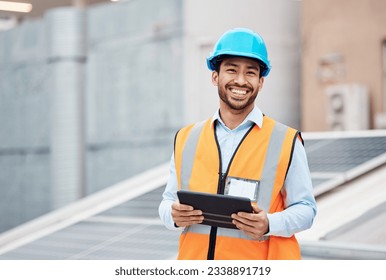 Construction worker, tablet and portrait of man with research and digital data for solar panel installation. Happy, engineer and male contractor with eco and energy project with tech and online plan