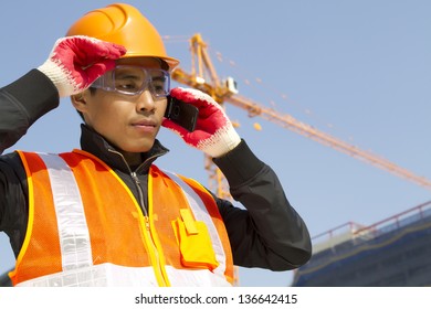 Construction Worker Talking In Mobile Phone