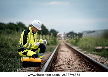 Construction worker technician man inspecting and maintaining train rail at refinery site. A combination of transportation and industrial background in field operations.