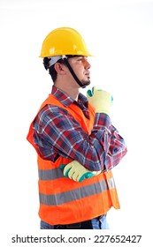 Construction Worker Thinking With Reflective Jacket On The White Background