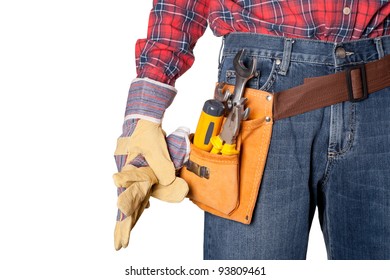 Construction Worker With Toolbelt On White