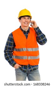 Construction worker using cell phone.Three quarter length studio shot isolated on white.