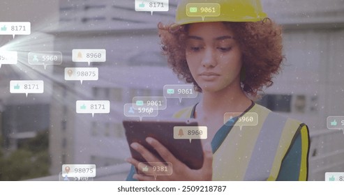 Construction worker using tablet with social media notifications image overlaid. digital, technology, industry, helmet, safety, infrastructure - Powered by Shutterstock - Get 15% off with code: PIKWIZARD15
