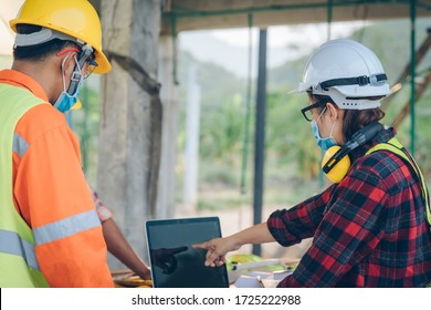 Construction Worker Wearing Protective Mask To Protect Against Covid-19 In Construction Site,Safety Control From Epidemics In Construction Site Concept.