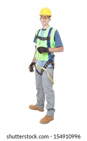 A Construction Worker Wearing A Safety Climbing Harness And Other Safety Gear And Isolated On White.