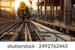 A construction worker wearing a yellow hard hat and safety vest is working on a building site at sunset, handling steel rebar.